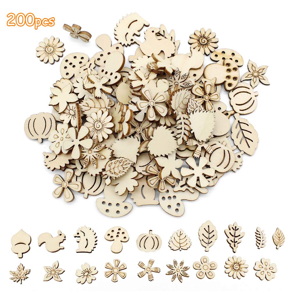 Dylan-EU 200 Pcs Wood Flower Leaf Embellishments - Cute Wooden Animal Shapes for Table Scatter, Confetti, DIY Scrapbooking, Wedding Decoration, Sewing Crafts