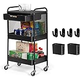 CRUDATE 3-Tier Rolling Cart with Drawer, Metal Utility Storage Cart Organizer with Lockable Wheels&Hanging Cups&Hooks, Mobile