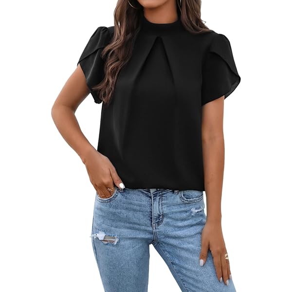 Women's Ruffled Mock Neck Top - Short Sleeve Stretch Smocked Blouse For Casual & Office - View #8