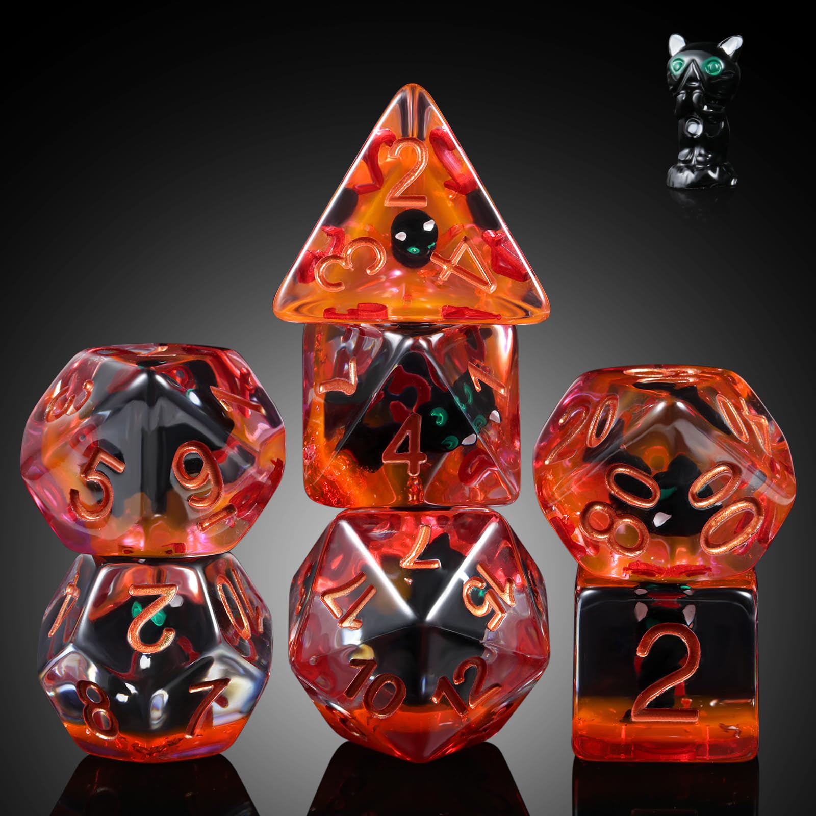 Black Cat Gaming Dice Set D&D, DNDND 7PCS Resin DND Dice with Velvet Bag for Dungeons and Dragons Role Playing Games and Tabletop Games（Black Cat — image 1