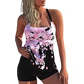 MODLILY Two Piece Tankini Swimsuits for Women, Modest Coverage Print Bathing Suits, A-line Tank Top with Boyshorts