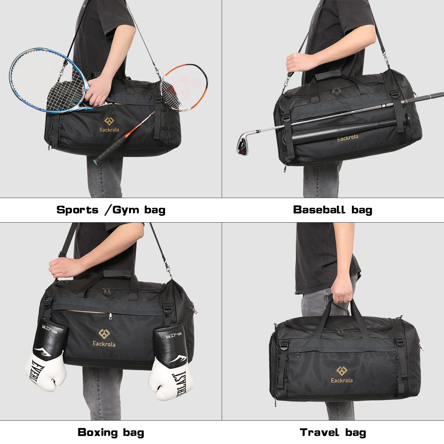 Eackrola Large Sports Gym Bag, Travel Duffel bag with Wet Pocket & Shoes Compartment for men women, 65L, Lightweight（Black）