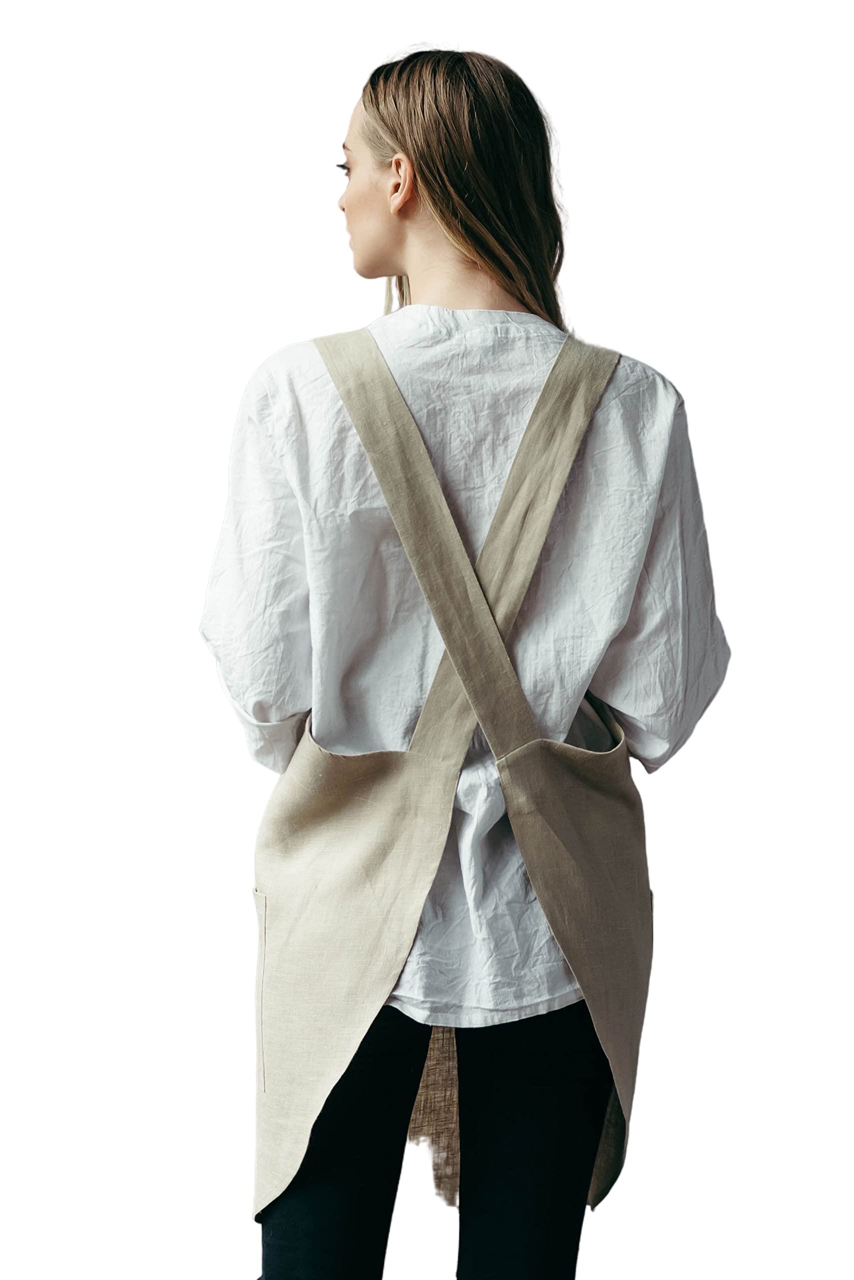 Bunny Street Linen Pinafore Apron - Premium Cross Back Japanese Apron for Women - No Ties Wide Straps Apron for Craft, Baker, Artist (Sand)