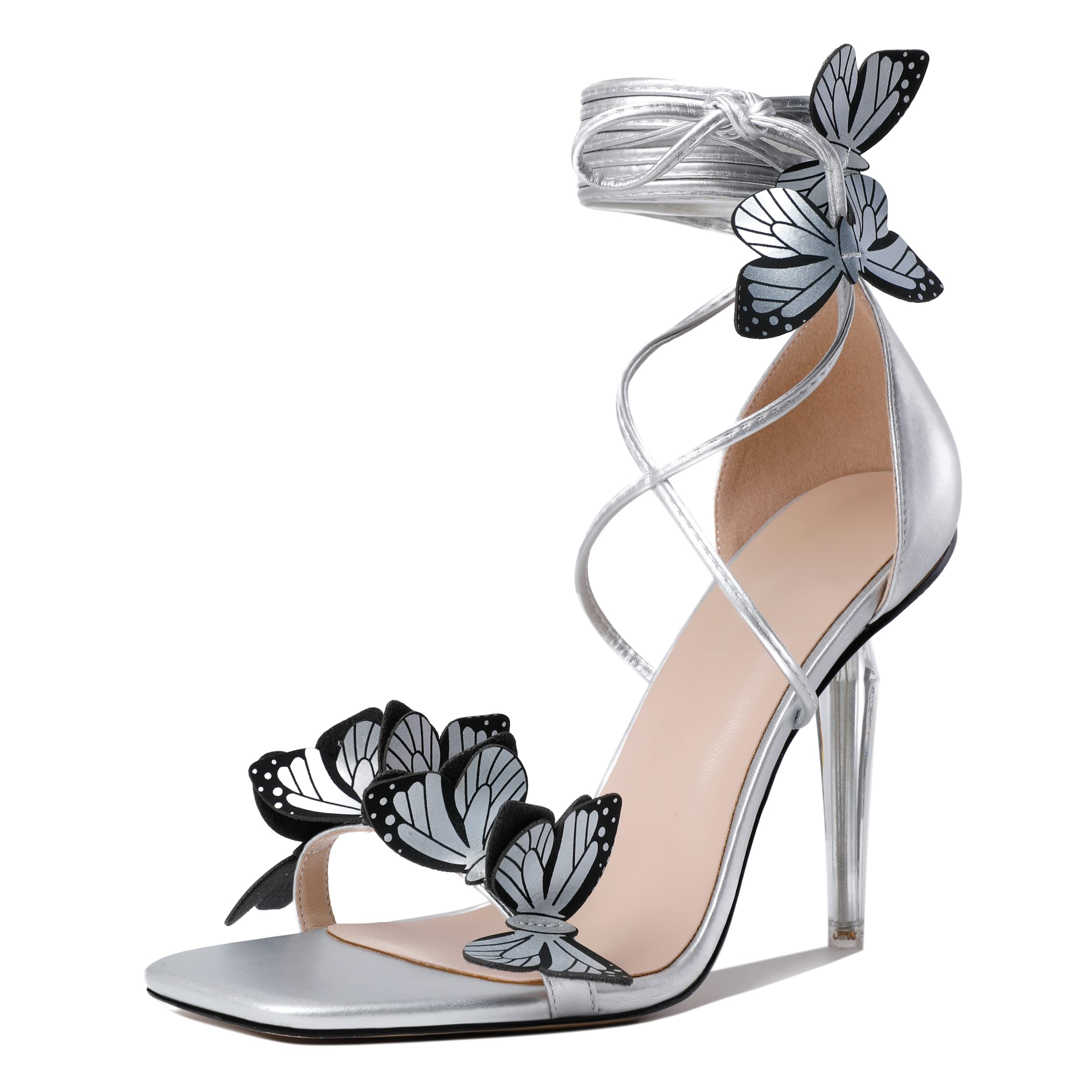 Zamikoo Women's 4 Inch High Heel Sandals - Strappy Butterfly Ankle Strap, Clear Stiletto, Square Open Toe, Silver Party Heels - View #9