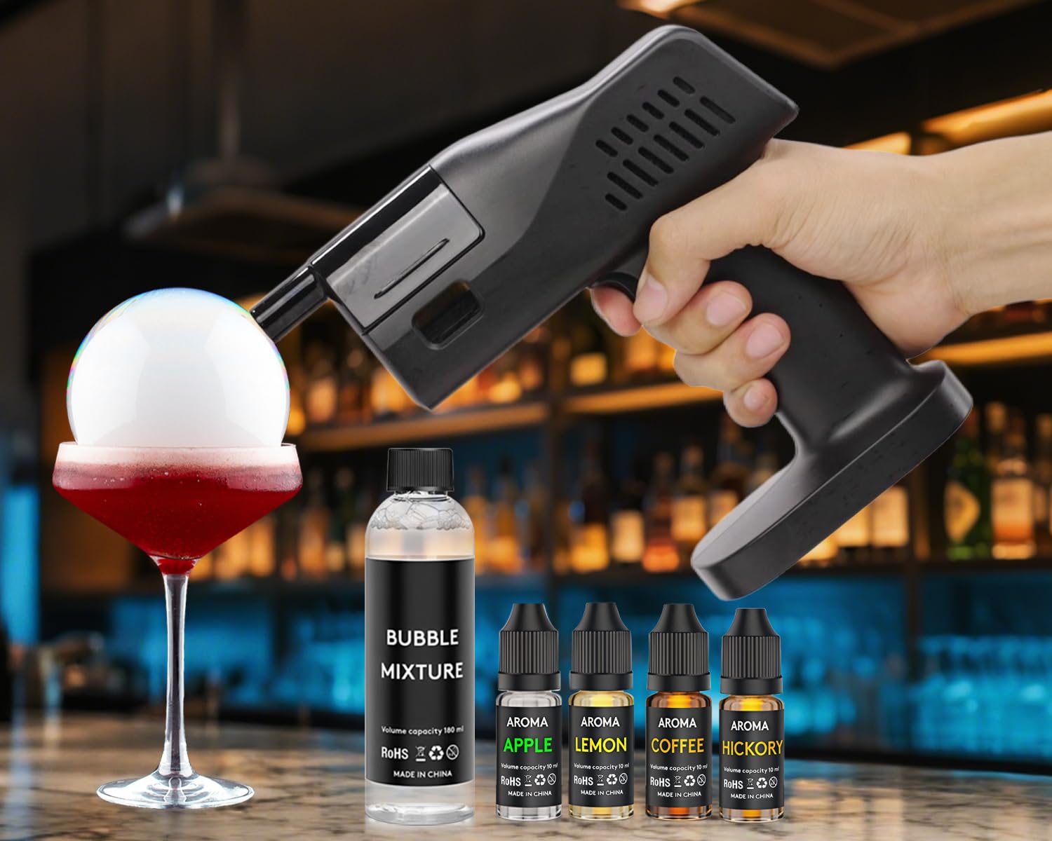 Photo 1 of LWRT Cocktail Smoking Bubble Gun - Electric Smoke Bubble Gun for Cocktails with 4 Flavour Oils & Edible Bubbles, Drink Smoker Kit for Whiskey, Bourbon, Vodka, Rum - Gifts for Bartenders & Dads
