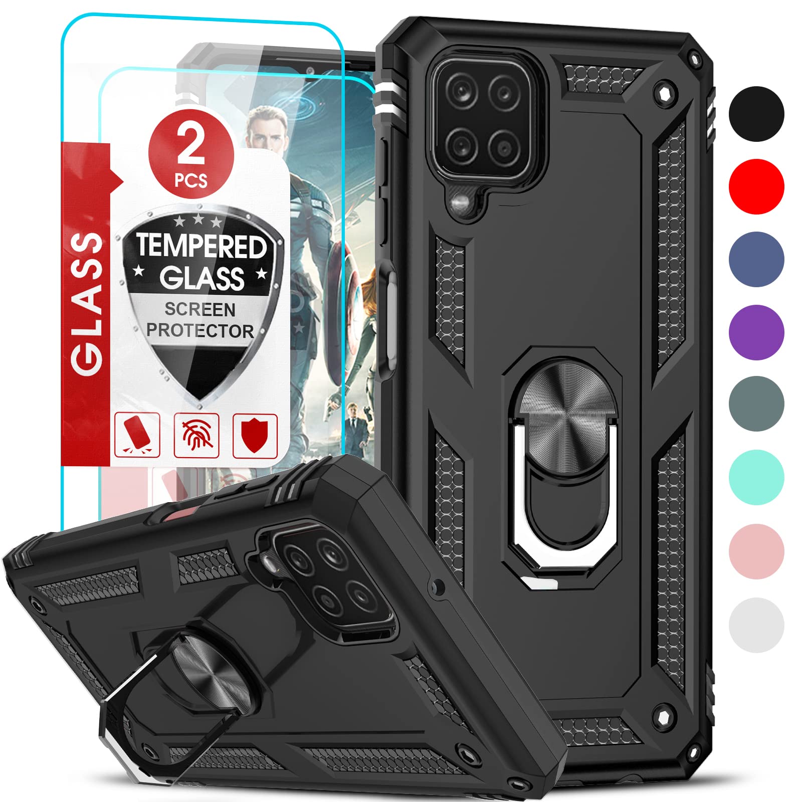 Photo 1 of LeYi for Samsung Galaxy A12 Phone Case, Samsung A12 Phone Case with [2 Pack] Glass Screen Protector Replacement, Military-Grade Shockproof Magnetic Ring Stand Cell Android Case Cover A 12 5G, Black
