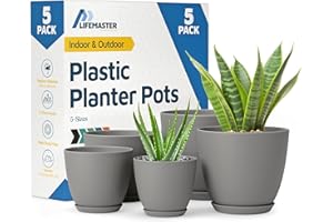 Lifemaster Planter Pots with Drainage Holes - Lightweight, Durable & Space-Saving Pots for Indoor and Outdoor - Versatile Functionality, Simple Modern Design, Set of 5 Plastic Planter Pots - Gray