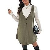 WDIRARA Women's Plus Size Corduroy V Neck Tank Overall Dress Sleeveless Loose Casual Short Dress