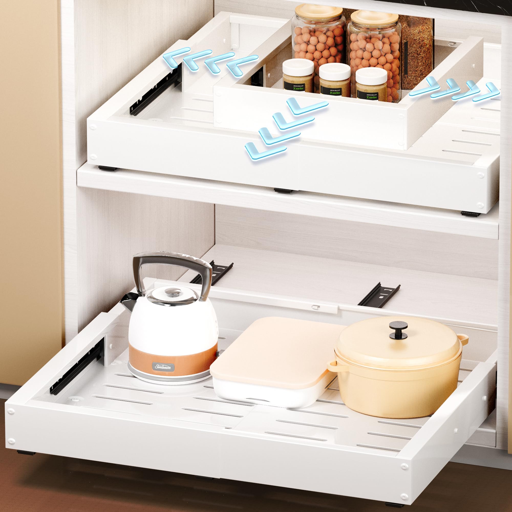 Photo 1 of 1 Pack Pull Out Cabinet Organizer, Slide Out Drawer Expandable Width (12"-19") and Depth (17"-23") With 3 Slides, Fixed with Adhesive Film and Nail for Cabinets in Kitchen, Pantry or Bathroom