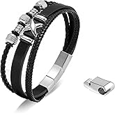 HAVRESSE black genuine leather bracelet for men with adjustable stainless steel magnetic clasp - multi-layer braided rope design - stylish bracelet for men Fits wrist sizes 6.1-7.5 inches.