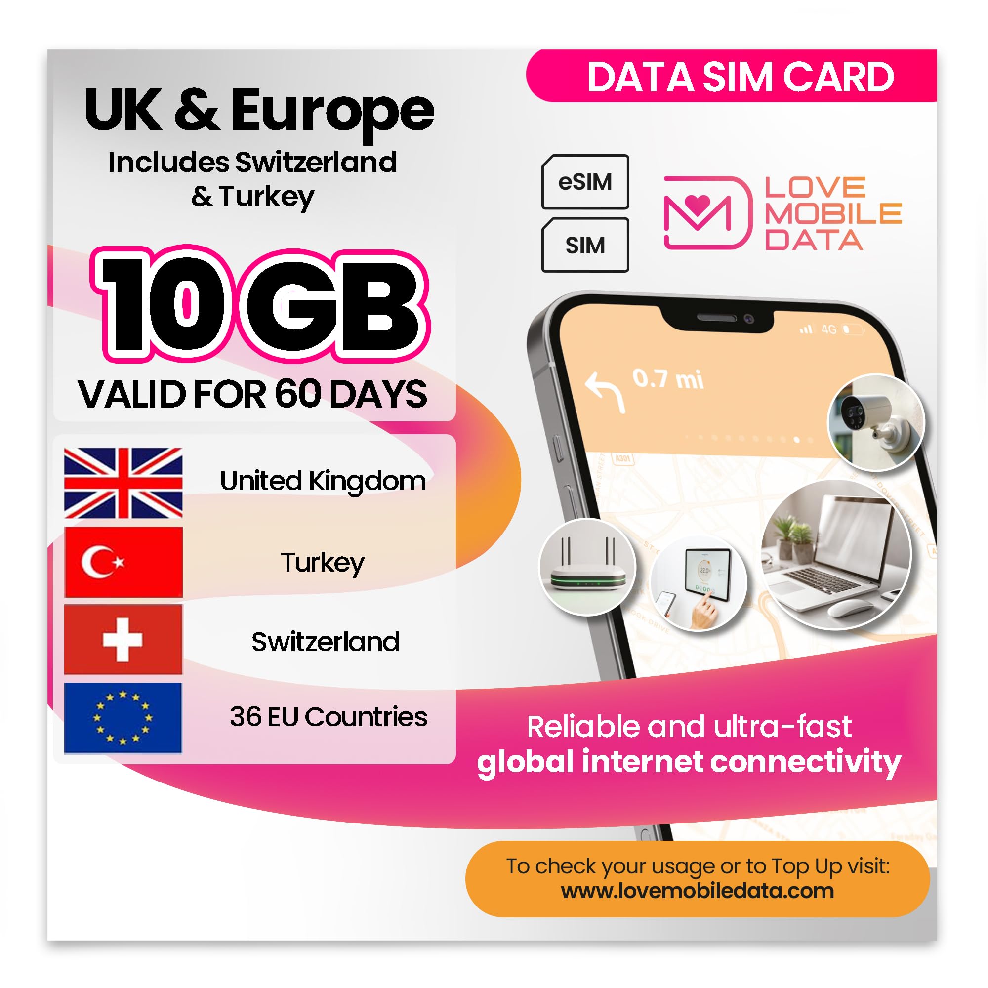 Love Mobile Data Only Sim Card - International Multi-Network 4G/5G Prepaid Data Sim for Mobile Phones, WiFi Routers, & More, UK (O2, Three & Vodafone), Europe, Switzerland & Turkey - 10GB for 60 Days