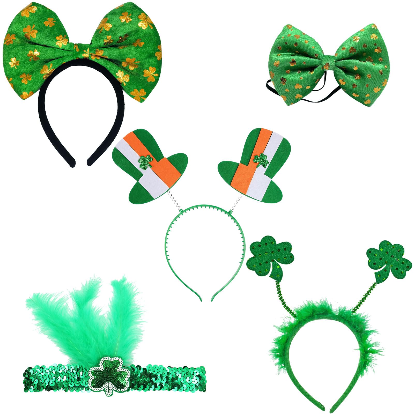 GWAWG 5Pcs St Patricks Day Headband, St Patrick's Day Head Boppers Saint,Feather Hamrock Headband Gilded Bow tie,Costume Accessories for Irish Party