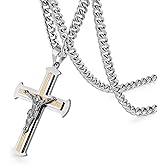 HZMAN Jesus Cross Necklace for Men Stainless Steel Large Crucifix Cross Necklace Pendant Christian Jewelry Gift with 24Inch Cuban Chain