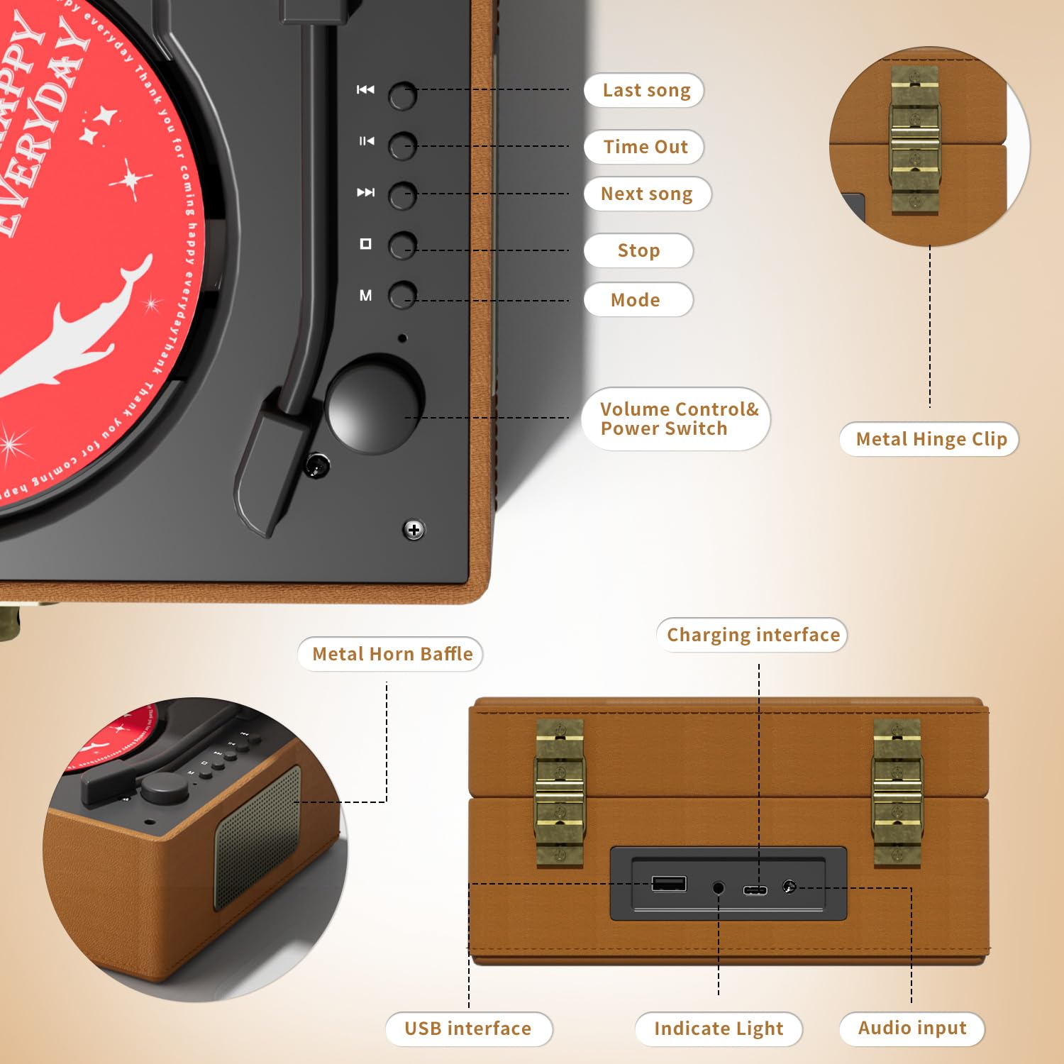 Rechargeable Leather CD Player with Speakers; Bluetooth Transmitter; Festival Gift; BGM Player for Home Décor (Brown)