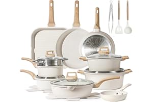 CAROTE 22pcs Pots and Pans Set Nonstick, Cookware Set White Granite Induction Kitchen Cooking Set w/Frying Pans & Saucepans& Grill Pan(PFOS, PFOA Free)