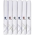 Caruso Italy Men's Initial Monogram Embroidery 100% Pure Cotton Handkerchief White Base With Colored Border - Pack Of 6