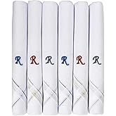 Caruso Italy Men's Initial Monogram Embroidery 100% Pure Cotton Handkerchief White Base With Colored Border - Pack Of 6