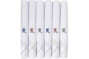 Caruso Italy Men's Initial Monogram Embroidery 100% Pure Cotton Handkerchief White Base With Colored Border - Pack Of 6