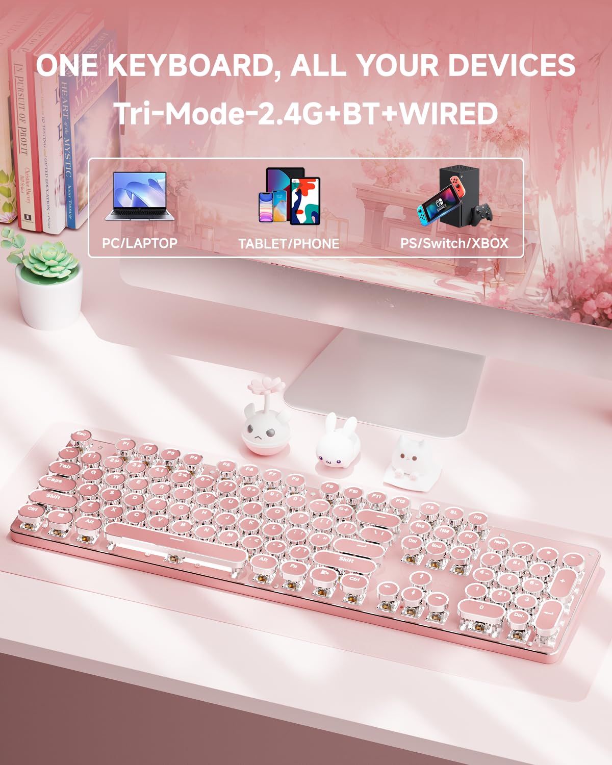 EWEADN TK950 Typewriter Keyboard Wireless Mechanical Keyboard, 104 Keys Aesthetic Typewriter Keyboards with White Backlit, Anti-Ghosting, Blue Switch Bluetooth/2.4GHz/Wired Keyboards-Pink