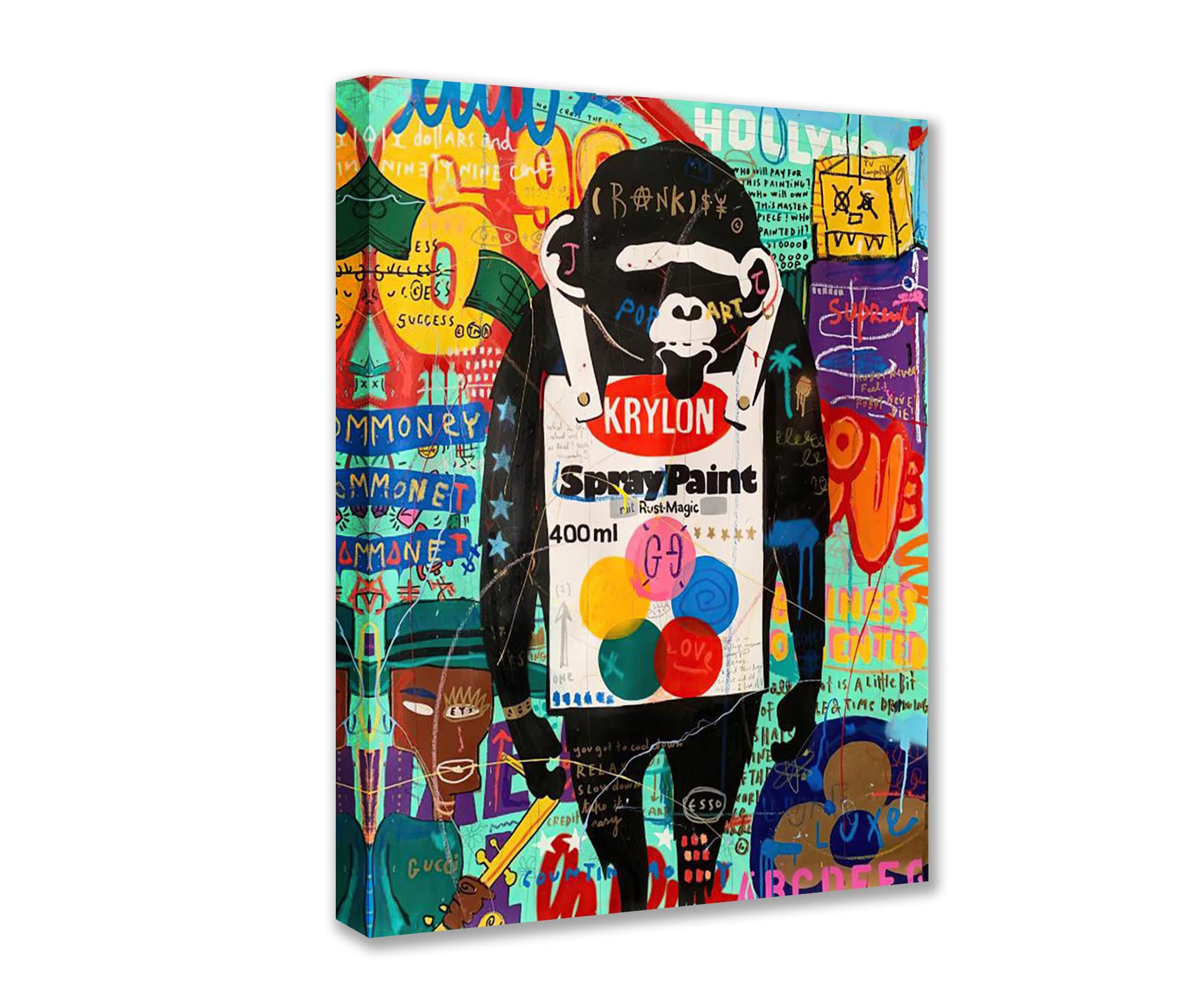 Banksy Monkey Chimpanzee Graffiti Paintings Canvas Wall Art 1 Panel - Modern Home Decor Wall Art for Living Room, Framed and Ready to Hang, 12 x 16 Inches
