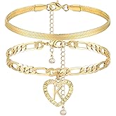 YANODA Gold Ankle Bracelets for Women Waterproof, 14k Gold Plated Layered Snake Anklets Figaro Chain Letter Initial Anklets Handmade Heart Ankle Bracelets Personalized for Women Beach Jewelry Gifts