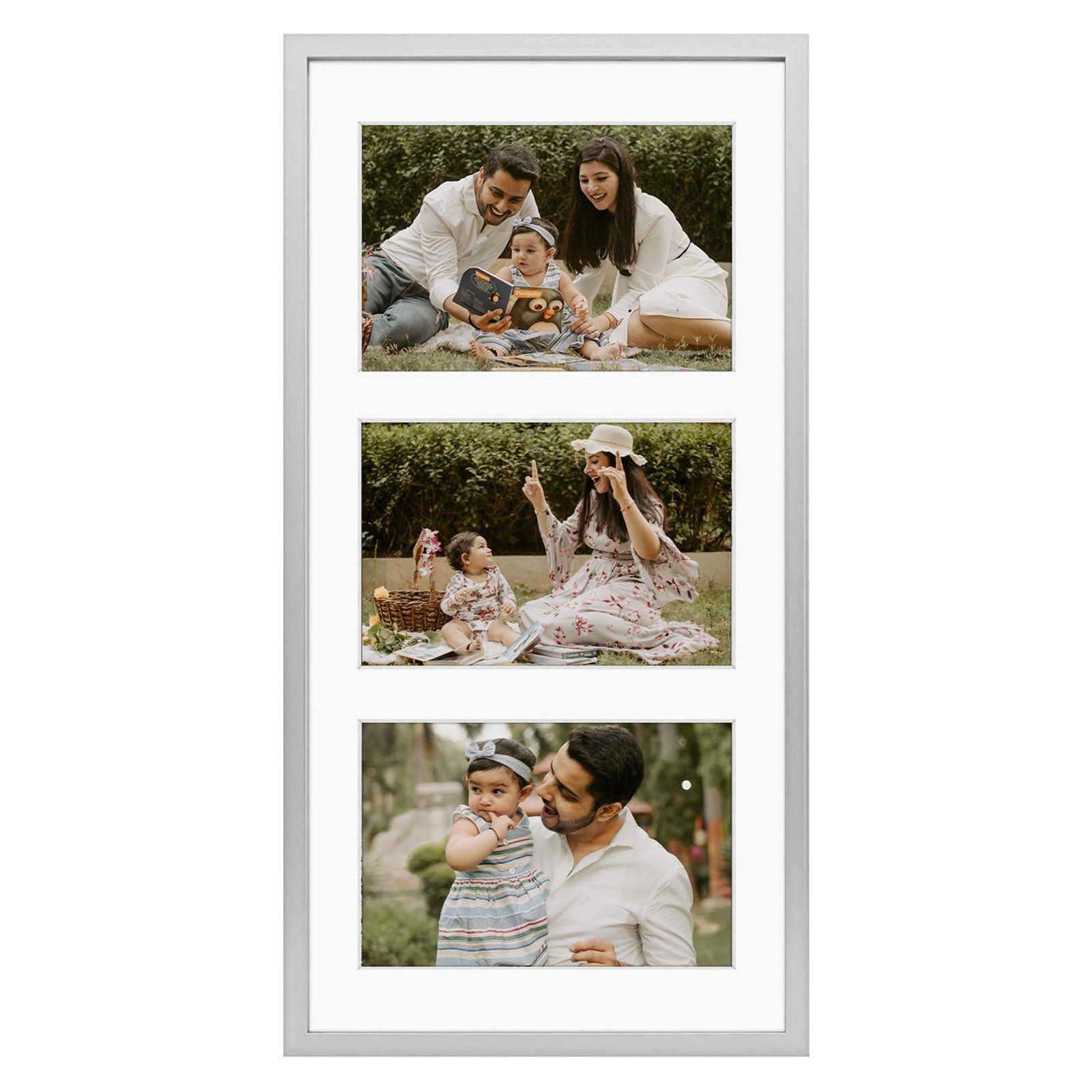 Frametory - 7x14 Aluminum Collage Picture Frame - Display 4x6 Pictures with 3 Openings Mat - Real Glass Front - Horizontal/Vertical Wall Mount - Silver 1 Pack