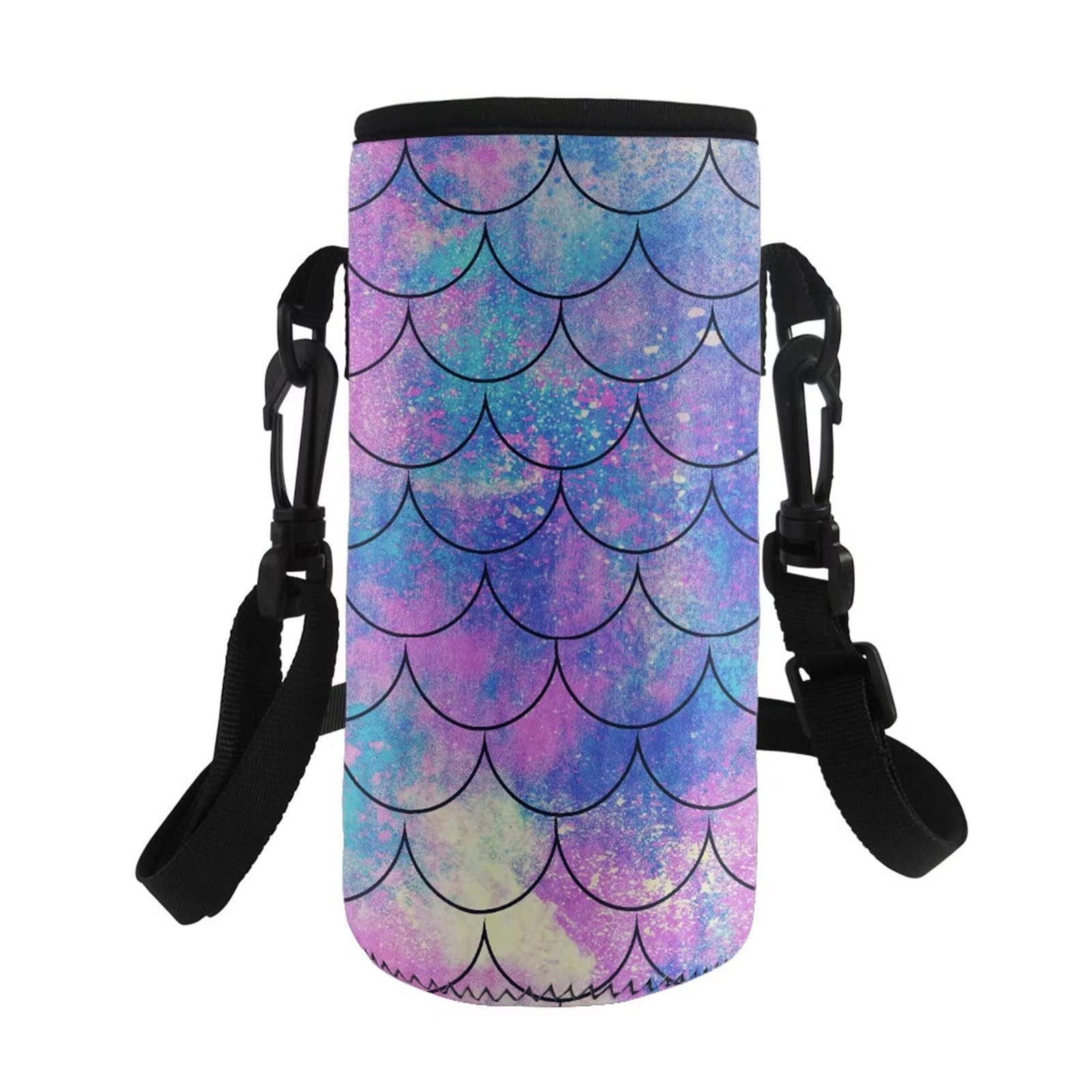 COEQINE Insulated Neoprene Water Bottle Holder Adjustable Shoulder Strap Water Bottle Carrier Bag Case Pouch Cover with Fish Scales Pattern Purple