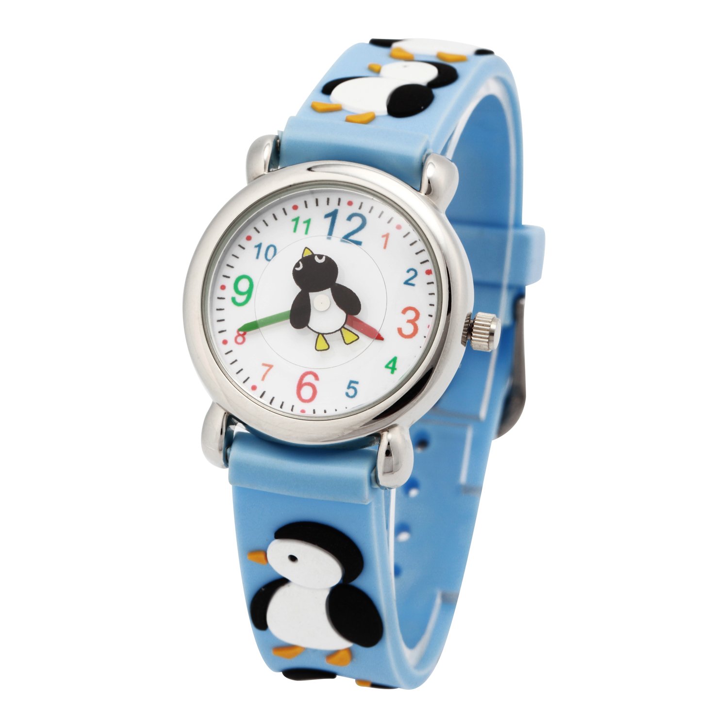 Fashionable-Shop School Toddlers Kids Time Teach 3D Cartoon Boys Girls Watch Japan Quartz Durable Silicone Christmas Birthday Gift 3-10 Years Old Water Resistant UN1739 (Blue Penguin)