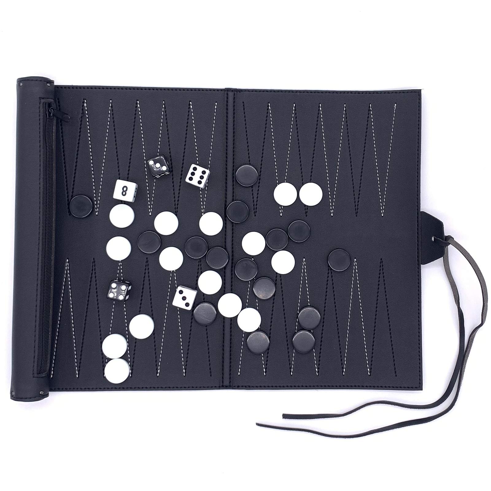Travel Backgammon Set - Genuine Leather Backgammon Sets - Roll-Up Travel Backgammon Game -Tactical Board Game Ideas (Black)