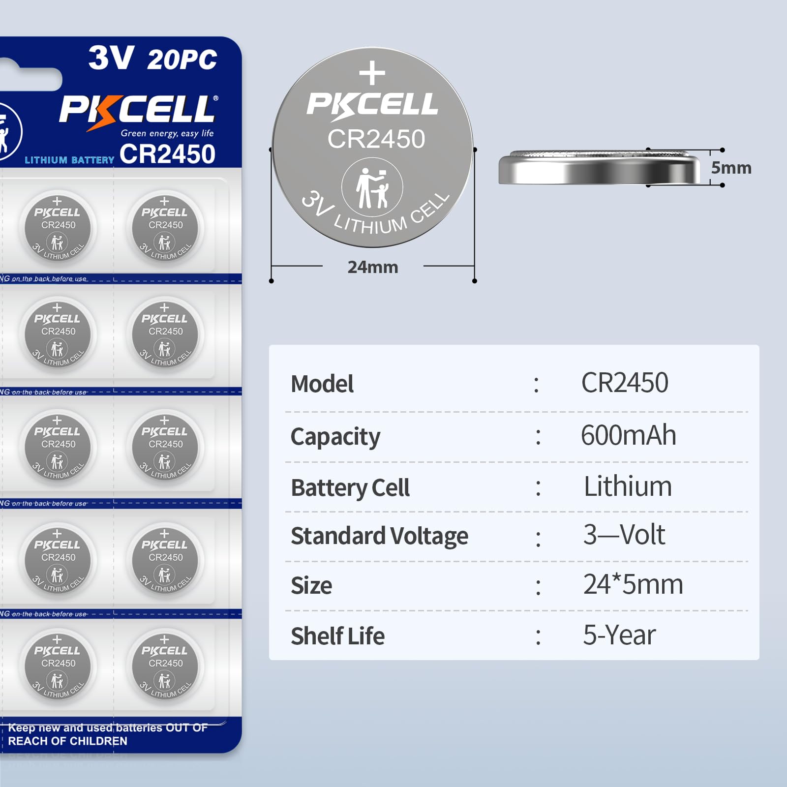 PKCELL 20 Pack CR2450 Battery CR 2450 3V Lithium Battery, 5-Year Shelf Life,High Capacity, Long Lasting Power, Mercury-Free