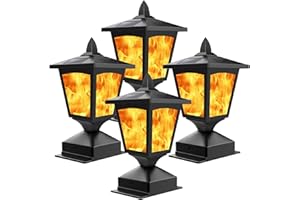 BLUEYANG Solar Post Flame Light,Outdoor Deck Fence Post Cap LED Light,Waterproof 4x4 5x5 6x6 Black Post Top Solar Powered Light with Flickering Flame for Garden Outside 4Pack