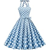 Women Halter Neck 50s Vintage Polka Dot Cocktail Swing Dress Retro Pinup 1950s Audrey Hepburn Rockabilly Prom Dress Lace Up Backless A-Line Wedding Formal Party Spring Belt Dresses Halter-Blue S