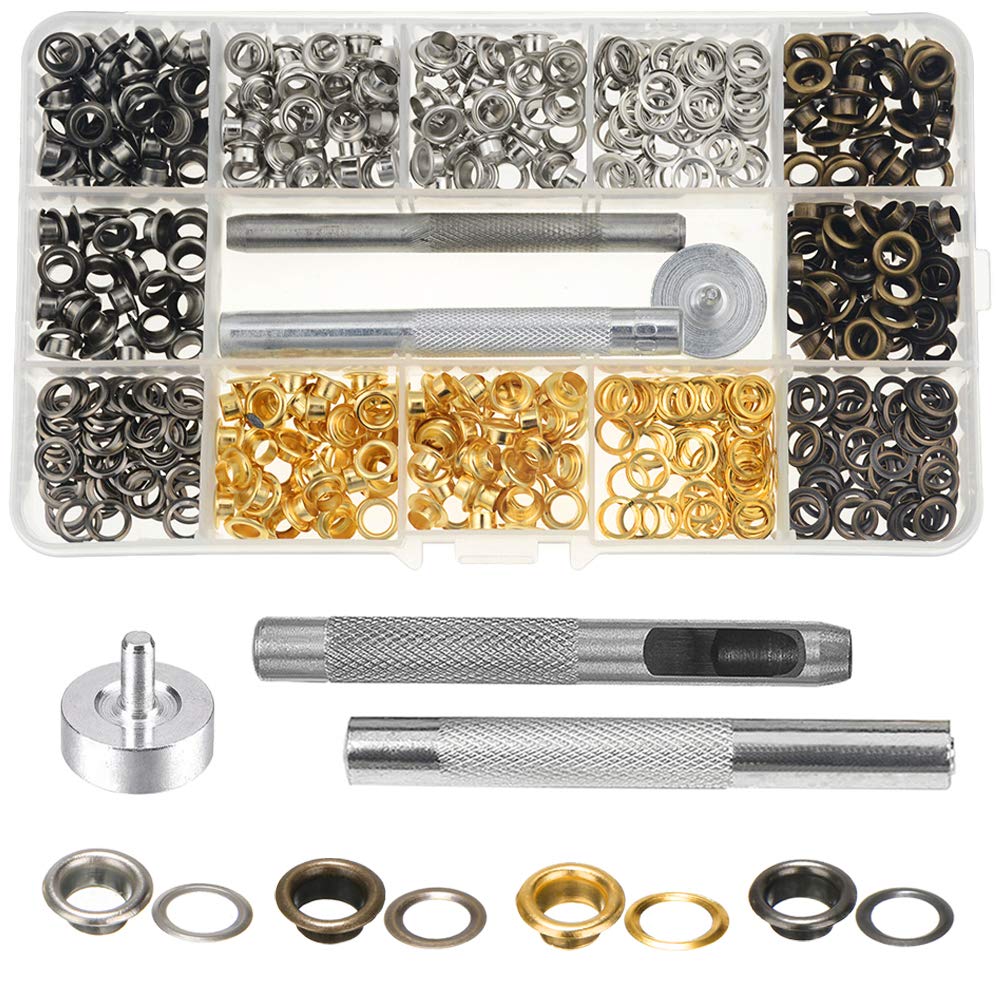 Mesee 400 Sets 5mm Grommet Eyelets Kit for Leather, 4 Colors Metal Brass Eyelets with Grommet Install Tools for Fabric Clothing Shoes Bag Canvas Leather Belt DIY Scrapbooking Crafts
