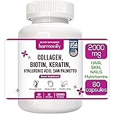 HARMONIFY Collagen Biotin Keratin Hyaluronic Acid Complex Supplement with Vitamin E, Folic Acid, Pumpkin Seed and MSM, 60 Capsules, 1000 mg