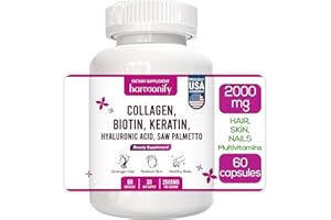 HARMONIFY Collagen Biotin Keratin Hyaluronic Acid Complex Supplement with Vitamin E, Folic Acid, Pumpkin Seed and MSM, 60 Capsules, 1000 mg