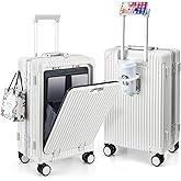 MRPLUM Front Pocket Carry On Luggage,Aluminum Frame PC Hardside Spinner Wheel Suitcase with TSA Lock,Cup Holder,Phone Holder&USB Charging Port,White(1 Piece)