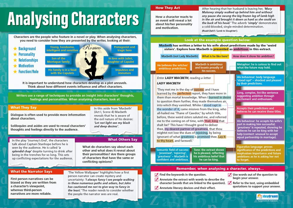 Analysing Characters | English Posters | Laminated Gloss Paper measuring 850mm x 594mm (A1) | Language Classroom Posters | Education Charts by Daydream Education