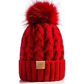PAGE ONE Womens Winter Ribbed Beanie Crossed Cap Chunky Cable Knit Pompom Soft Warm Hat