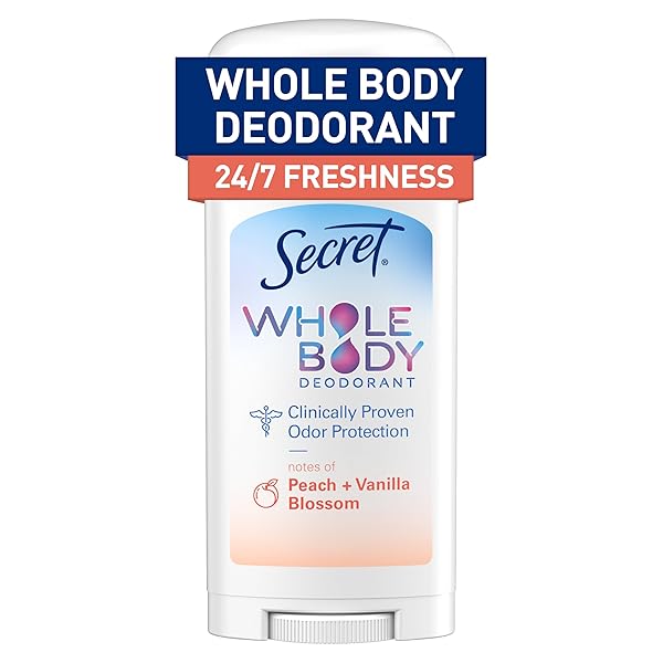 SECRET WHOLE BODY DEODORANT STICK FOR WOMEN, PEACH & VANILLA SCENT, ALUMINUM FREE DEODORANT STICK, 72 HR ODOR PROTECTION, 2.4 OZ