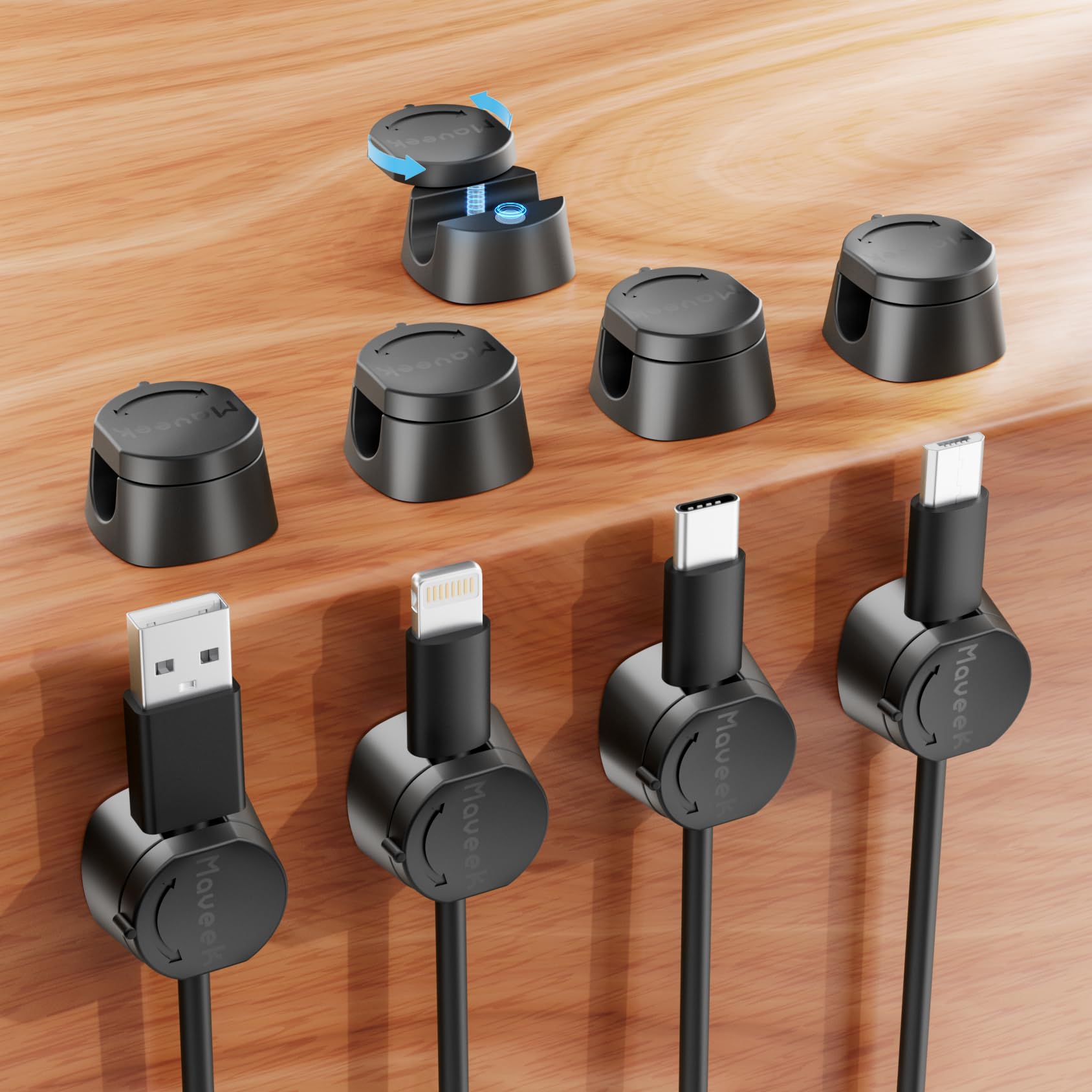 Photo 1 of Cord Clips for Desk, Maveek 360° Rotating Charger Cord Organizer Magnetic Closure Desktop Cable Management, Cell Phone Cord Holder for Nightstand, Wall, Desk and Car (9-Pack, Black)