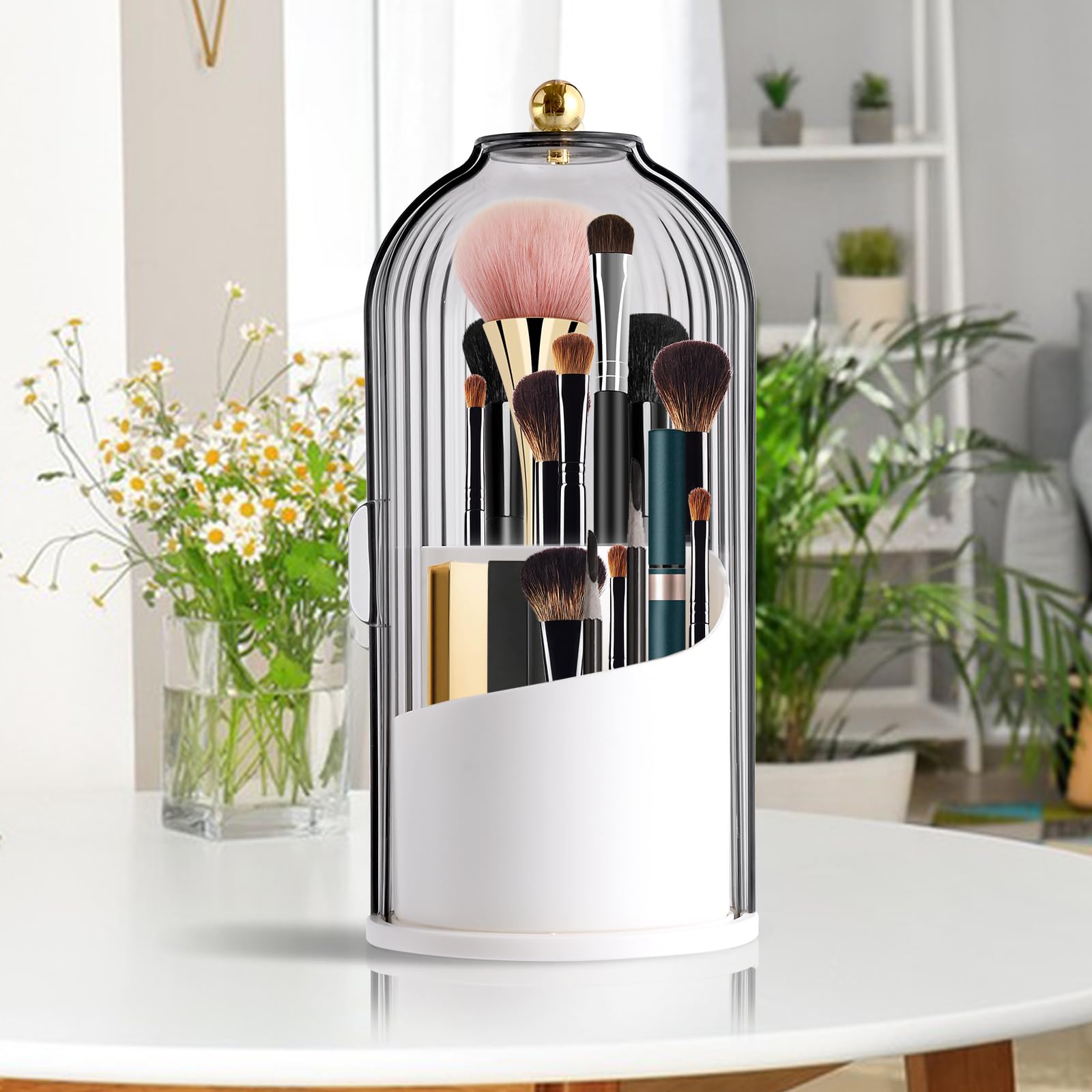 Fosoloni Makeup Brush Holder Organizer with Clear Lid 360 Rotating Dustproof Makeup Organiser Storage for Lipstick, Lip Gloss, Eyeliner, Bedroom, Bathroom
