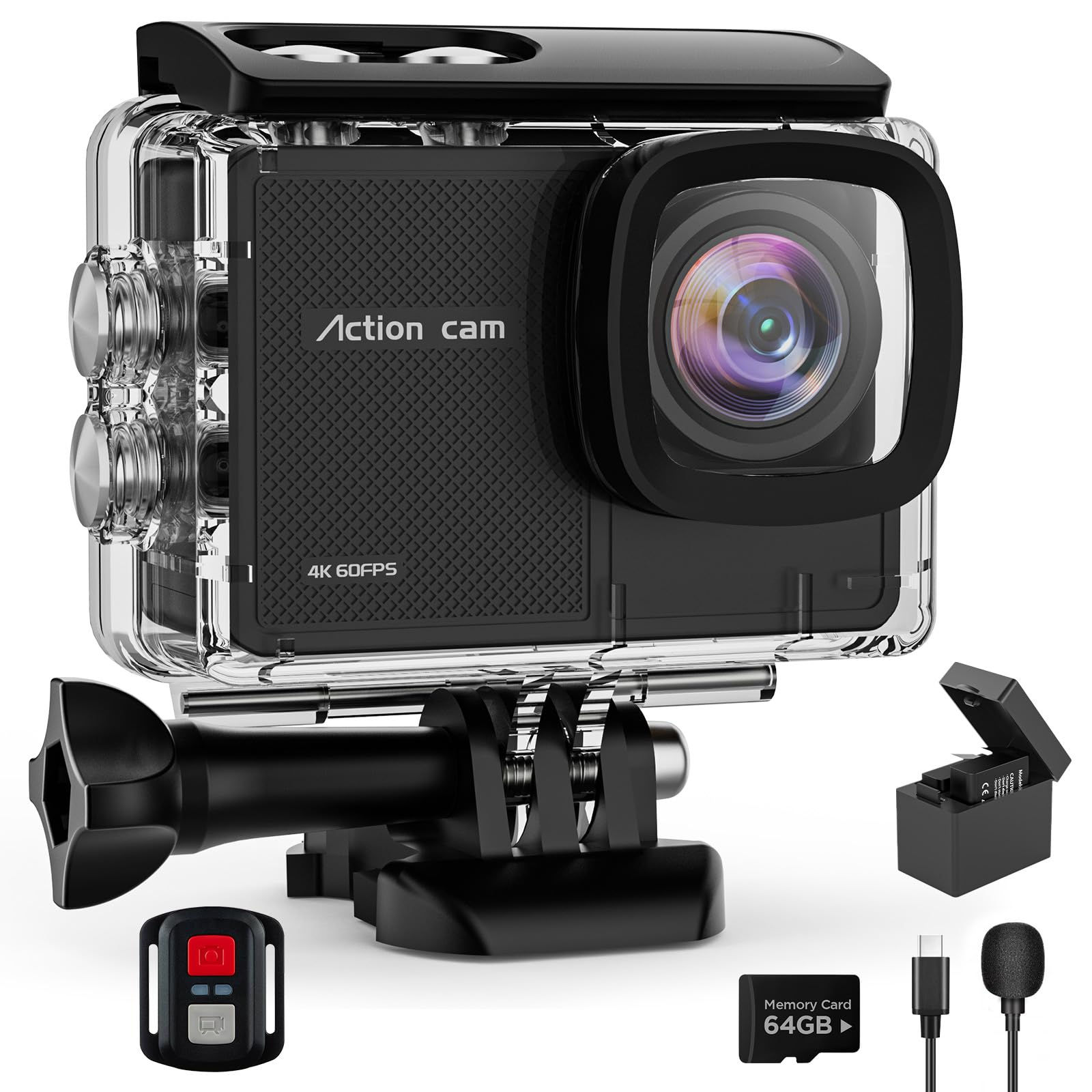 Photo 1 of 4K Action Camara Waterproof with 64G Crad- 60FPS 48MP HD WIFI Camera with EIS 40M Underwater Camera 170°Wide Angle Sports Camera with 2.4G Remote Control 2 Batteries Helmet Mount Accessories Kits