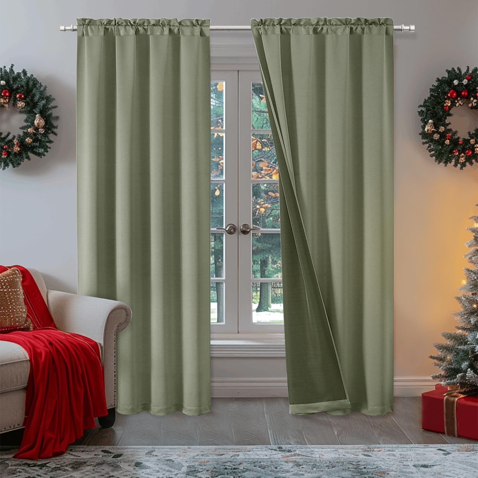 Photo 1 of OWENIE Heidi Sage Green Curtains for Living Room 63 Inch Length 2 Panels Set, Light Filtering Solid Curtain for Bedroom, Rod Pocket Window Curtains & Drapes, 2 Pcs Each 40" W 63" L