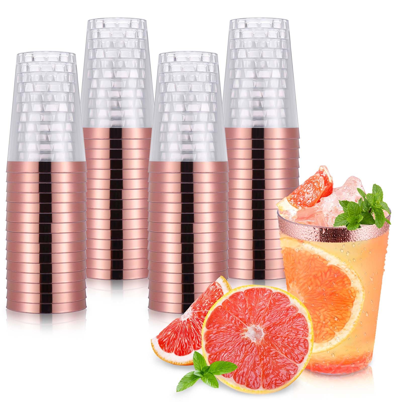 Hejo 60PCS Rose Gold Rimmed Plastic Cups, 360 ml-12oz Plastic Glasses, Plastic Wine Glasses Reusable for Cocktail, Champagne, Beer, Martini, Dessert