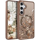 DOMAVER for Samsung Galaxy S25/ Galaxy S24 Case, Magnetic Phone Case for Samsung S25/S24 [Compatible with MagSafe] Slim Fit Flowers Floral Design Shockproof Protective Cover Women Girls Cover- Brown