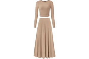 BTFBM Two Piece Skirt Sets For Women 2024 Trendy Fall Outfits Ribbed Knit Long Sleeve Crop Top Flowy Maxi Skirt Set