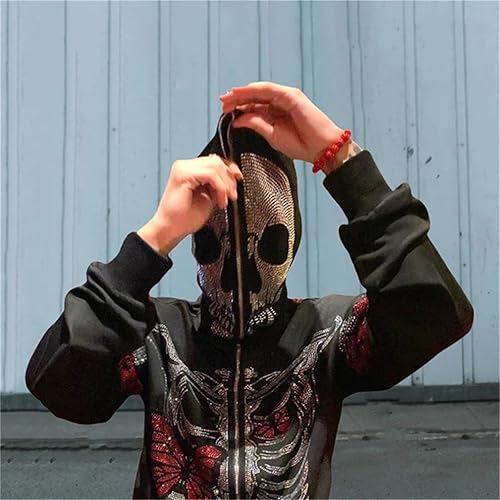 NaranjaBurbuja Y2k Skeleton Full Zip Up Hoodies Over Face Women