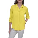 DKNY Women's Splitback Long Sleeve Button Down with Cuffed Sleeve Shirt