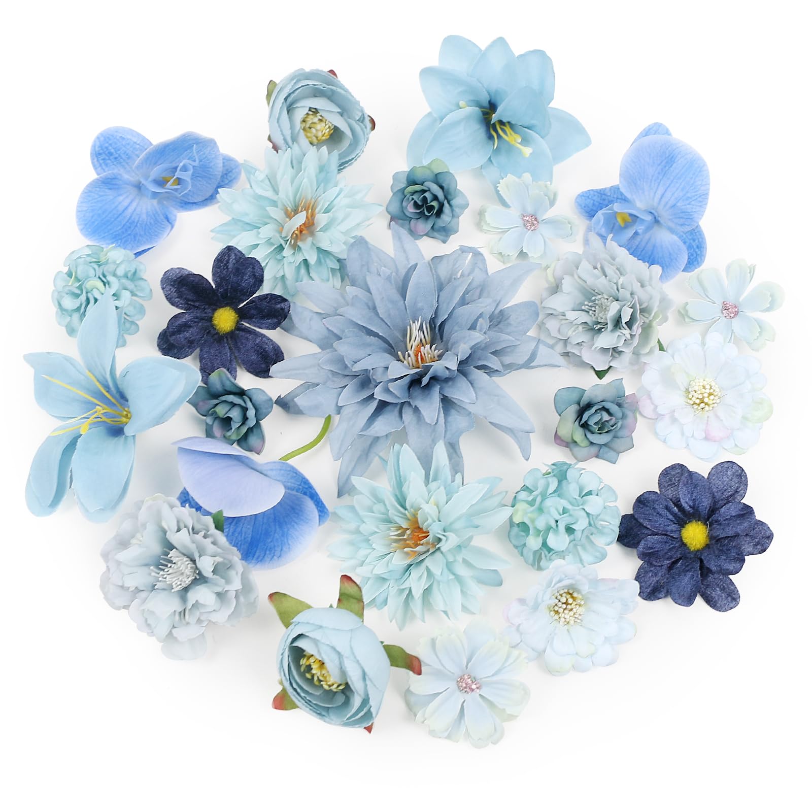 LARDUX 24 PCS Artificial Flower Heads-Craft Fake flower Decoration Mini Silk Blue Flower Heads Bulk Mix for DIY Wedding Party Hair Accessory Scrapbooking Home Decor