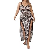 Hilinker Womens Plus Size Leopard Mesh Lingerie Dress Split Long Slip Lace Trim Chemise Nightgown